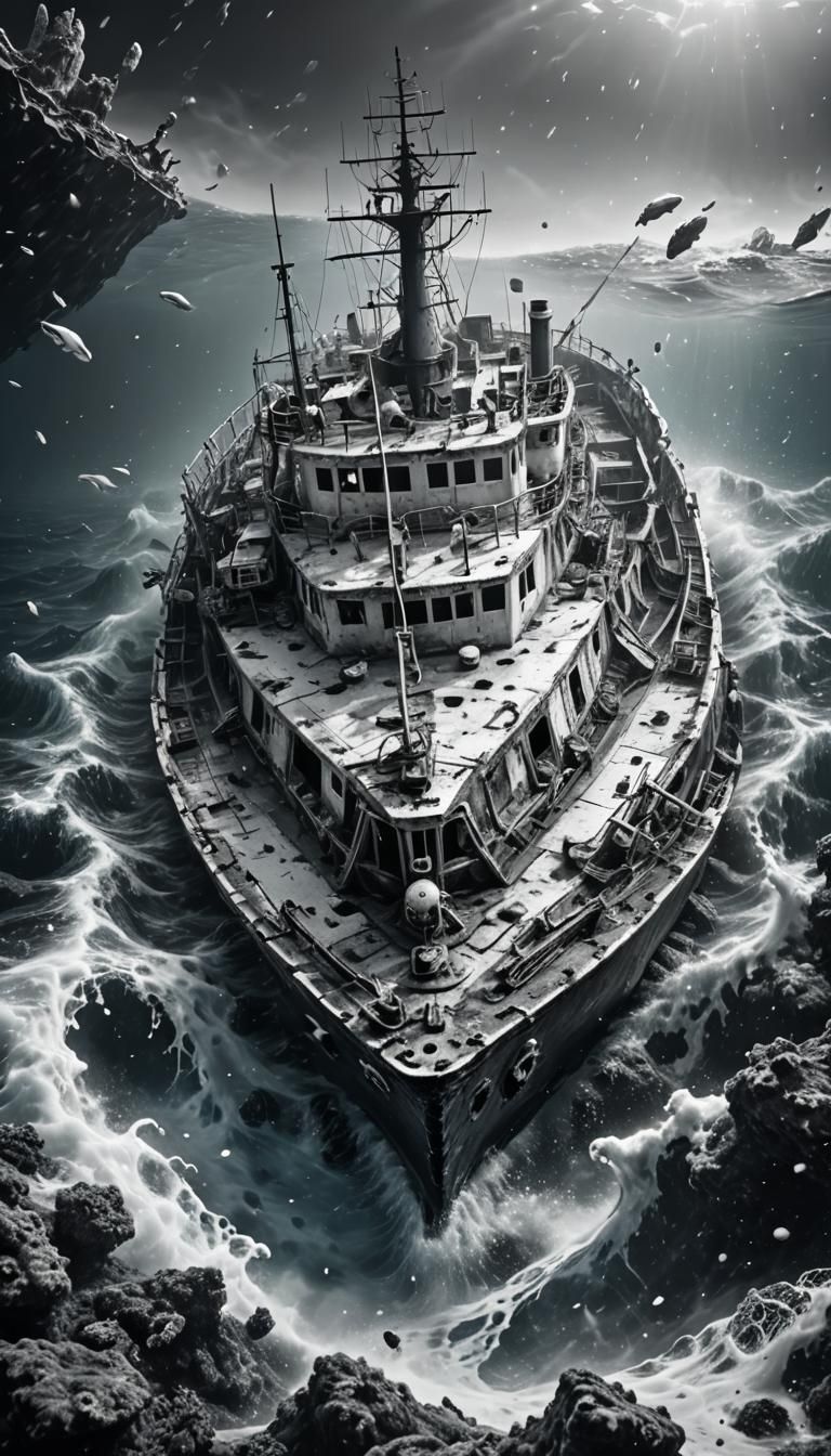 Underwater Milk Shipwreck in Black and White