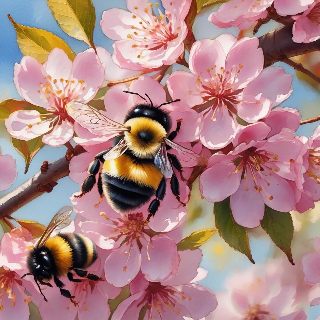 Bumble Bees on Pink Cherry Blossoms Watercolor