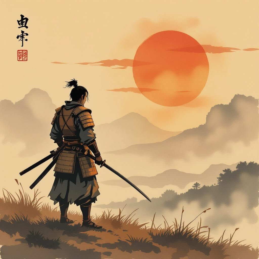 Samurai Warrior Contemplating Sunset on Windswept Plain