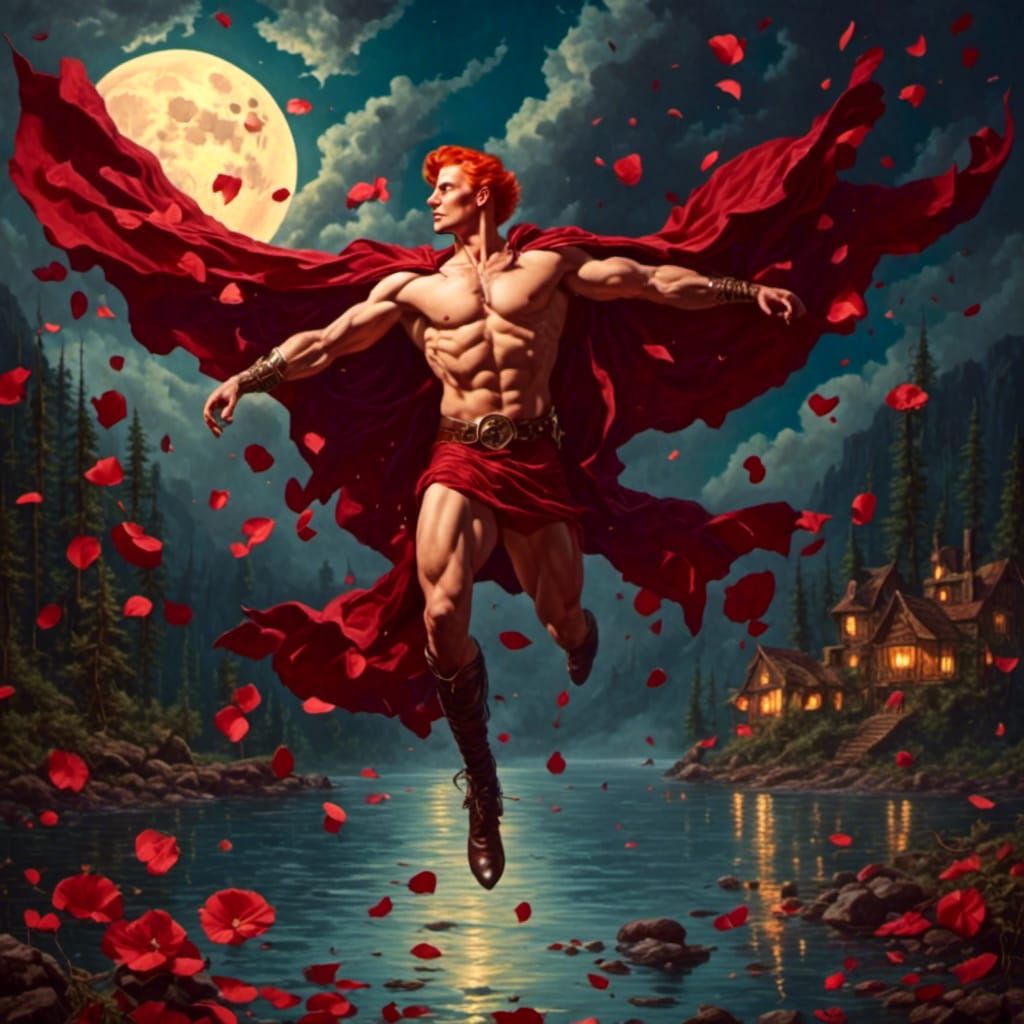 1950s Redhead Mage Soaring Over Lake