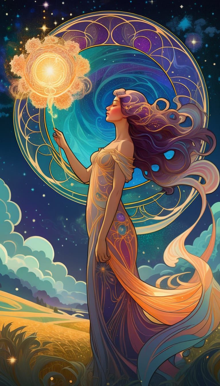 Ethereal Stardust Woman in Art Nouveau Style