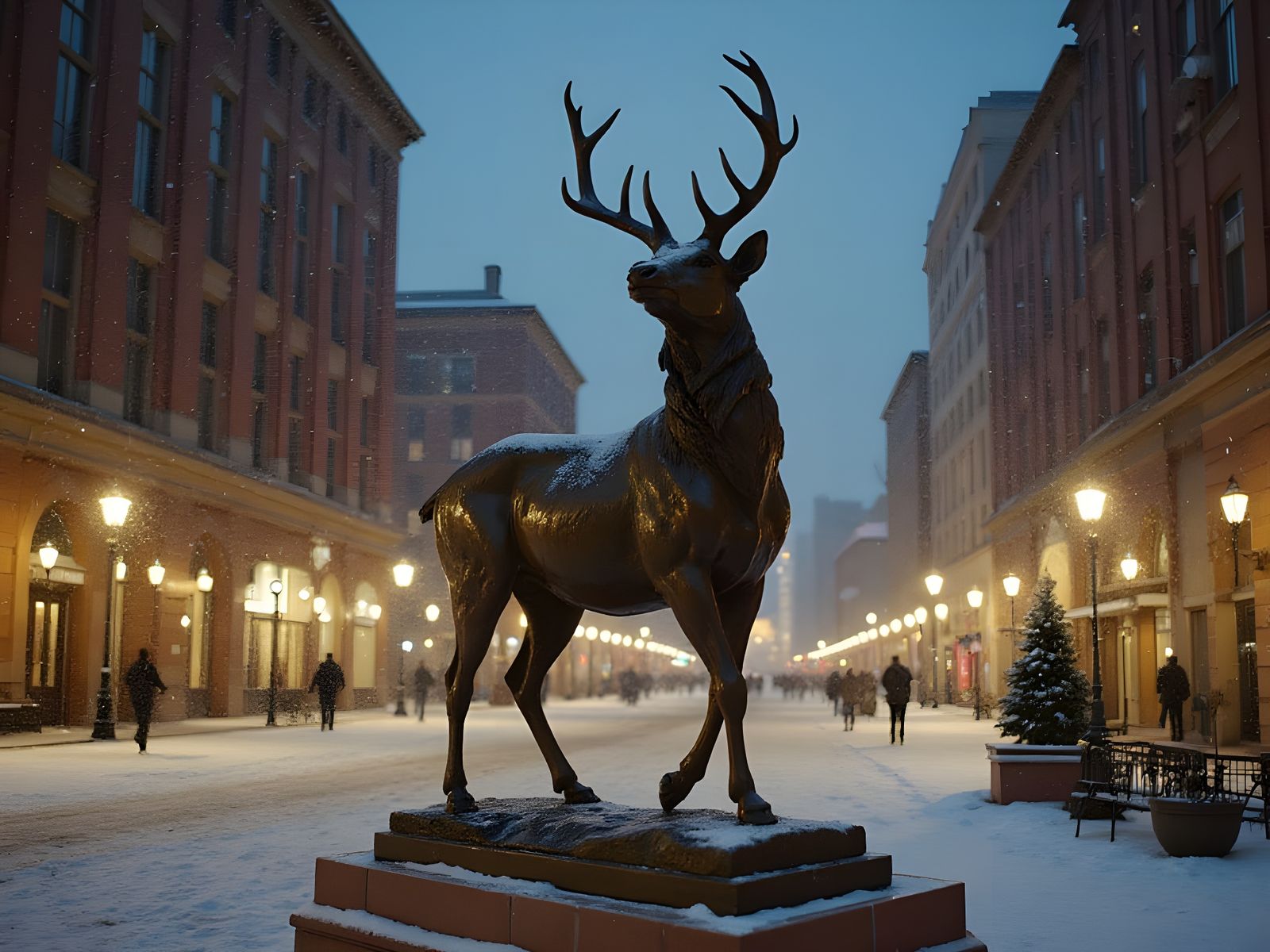 Majestic Deer Statue in Winter City Scene