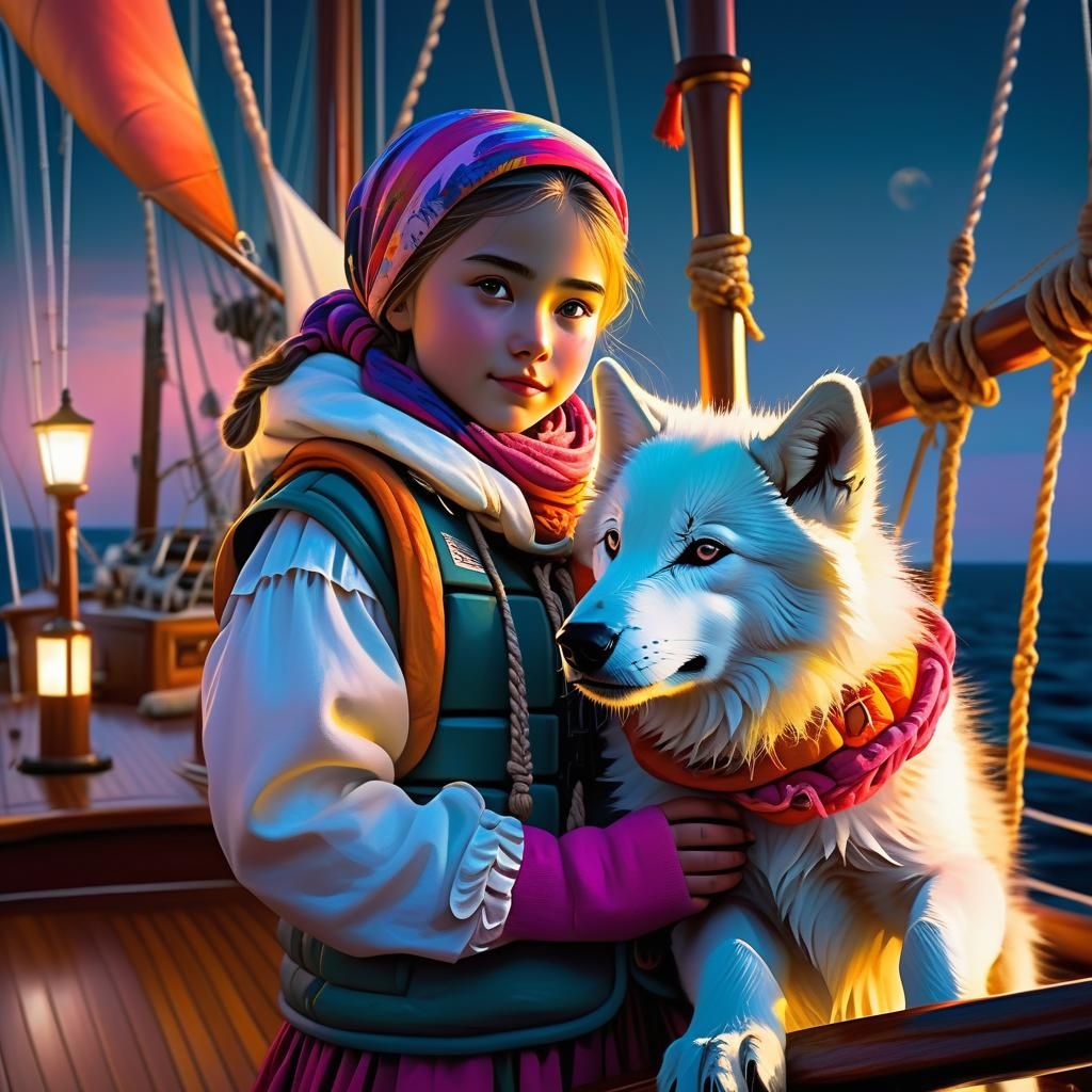 Girl and Wolf Sailing at Night in Soft Realism