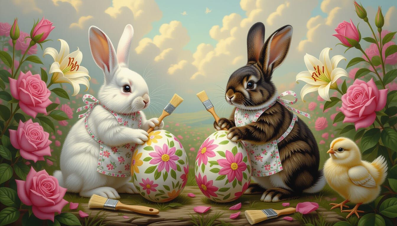 Rabbits and Chicks Painting Easter Eggs Realistically