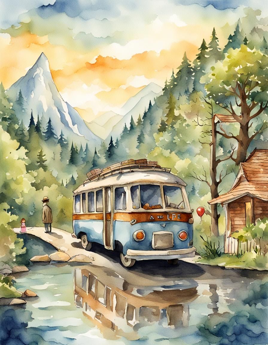 Whimsical Watercolor Painting of Travel and Adventure