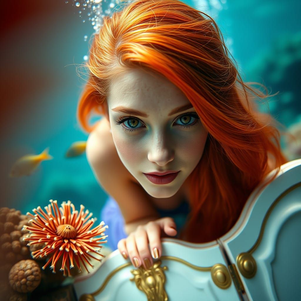 Majestic Red Haired Mermaid in Underwater Luxury