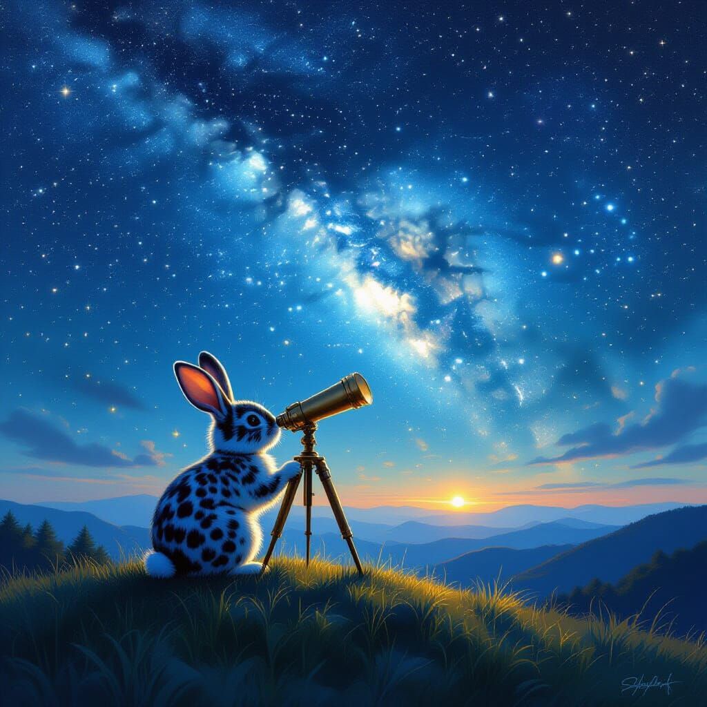 Rabbit Gazes at Stars Through Telescope Under Dramatic Night...