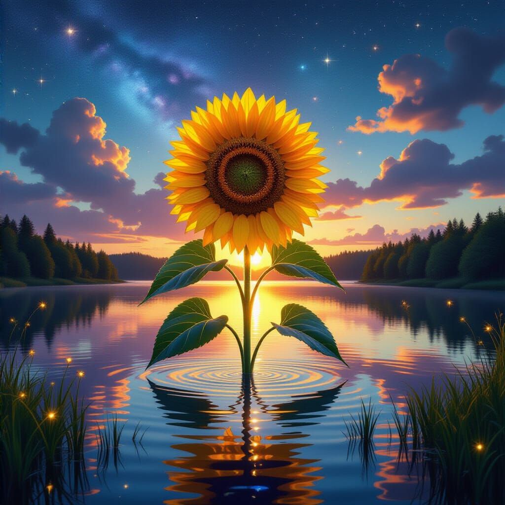 Cosmic Sunflower Sunset: Bioluminescent Fantasy Landscape