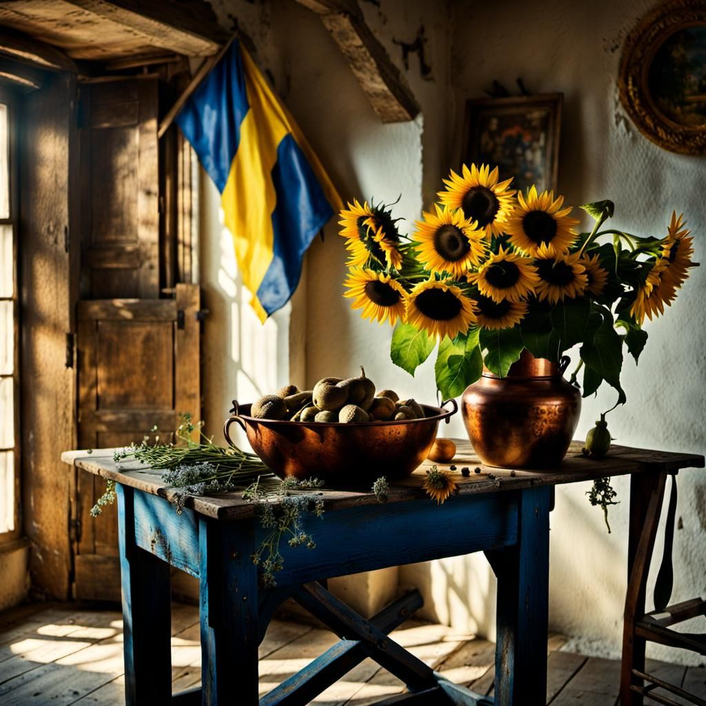 Sunflowers and Delft Blue Flowers Still Life