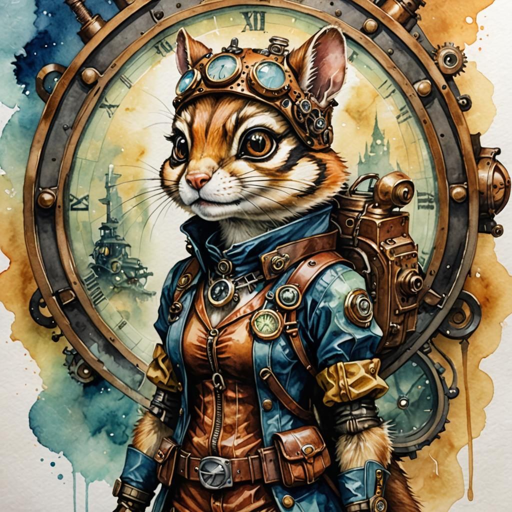 Steampunk Watercolor of a Chipmunk Girl from Another World