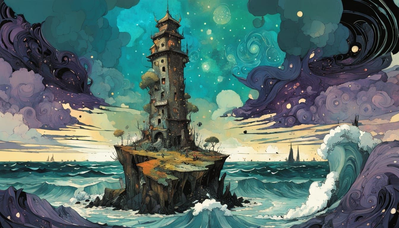 Surreal Solitary Tower with Melting Clouds