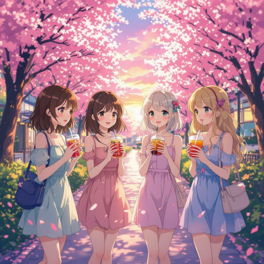 Anime Girls Strolling Under Cherry Blossoms