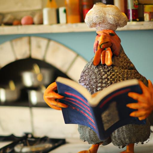 Giant Chicken Reads Cookbook in Kitchen
