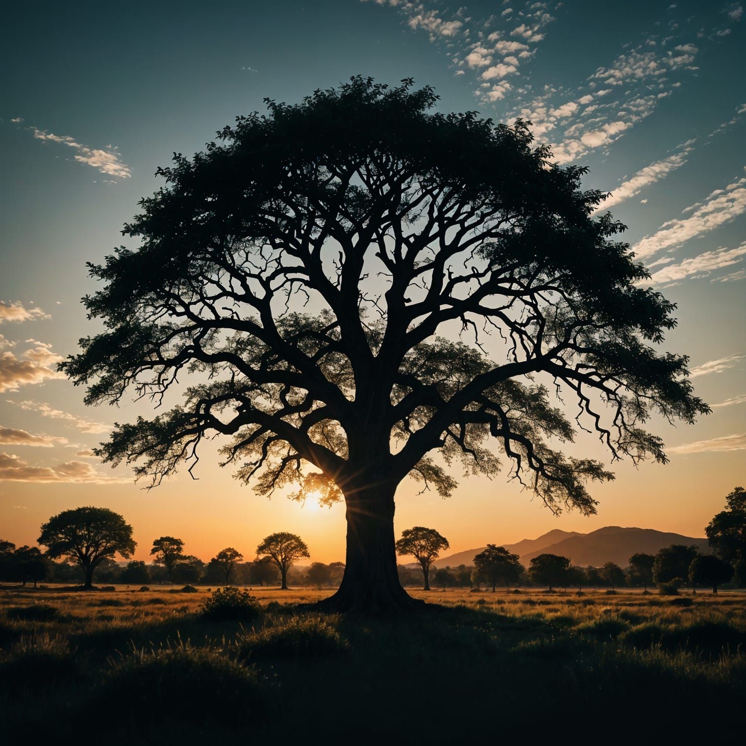 Epic Sunrise Tree of Life Silhouette in Cinematic Film Style