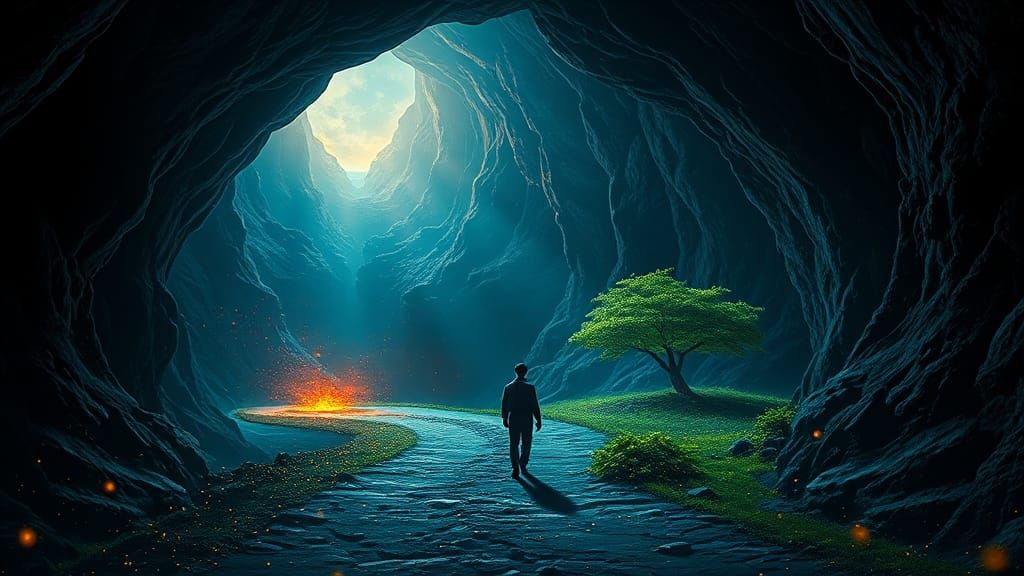 Surreal Cavern Scene: Choice Between Worlds