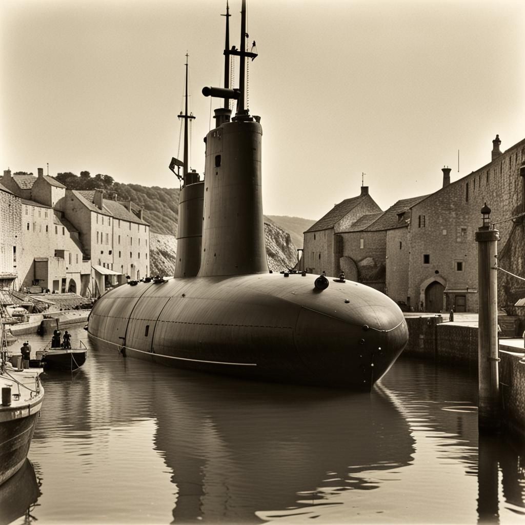 Submarine "Sea View" Moored in Medieval Harbor