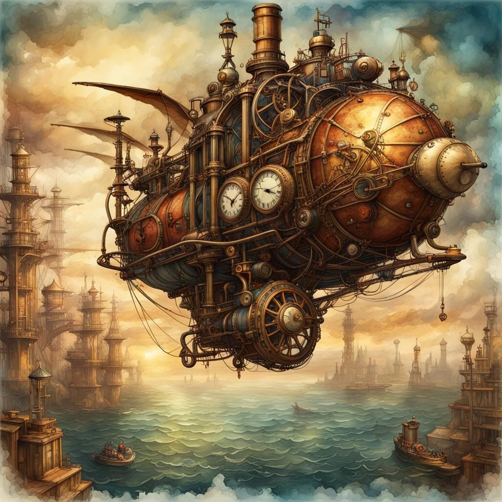 Steampunk Airship Over Ocean in Watercolor Style