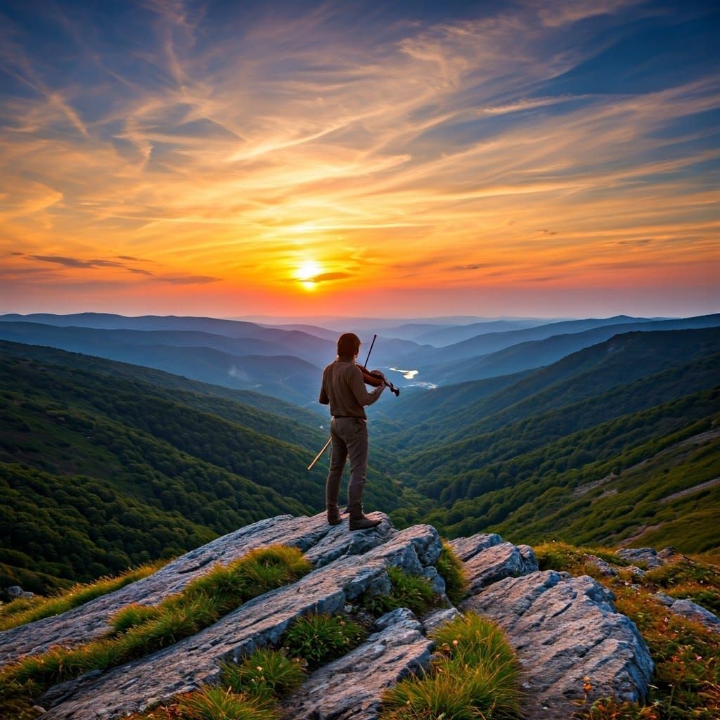 Lone Violinist at Sunset: A Romantic Landscape