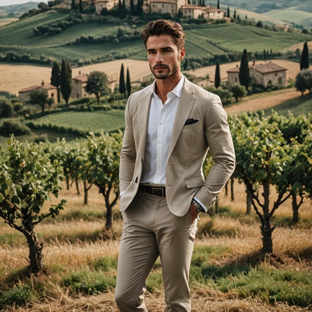 Handsome Man Posing in Tuscany Landscape