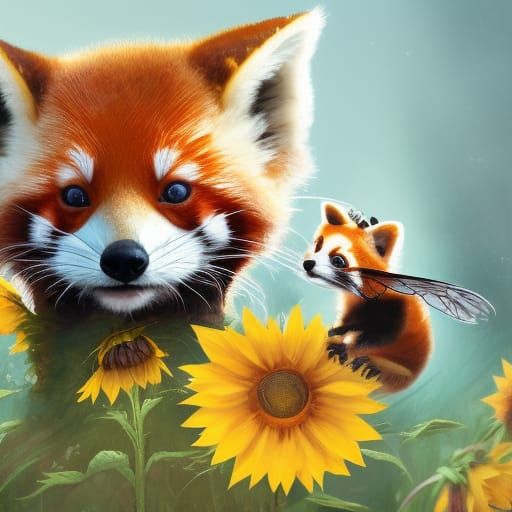 Cute Red Panda Fox Cub with Bumblebees
