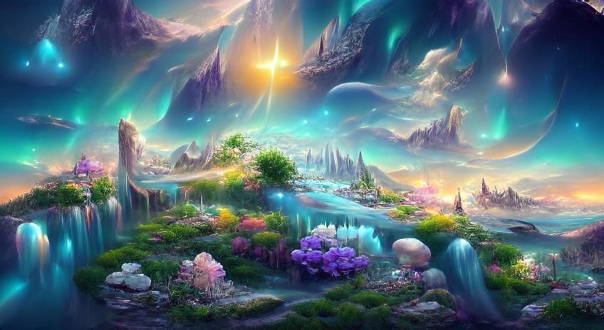 Iridescent Fantasy Landscape with Luminous Sun