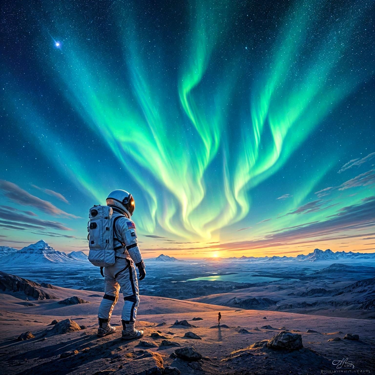 Astronaut Gazes at Cosmic Aurora: Impressionistic Oil