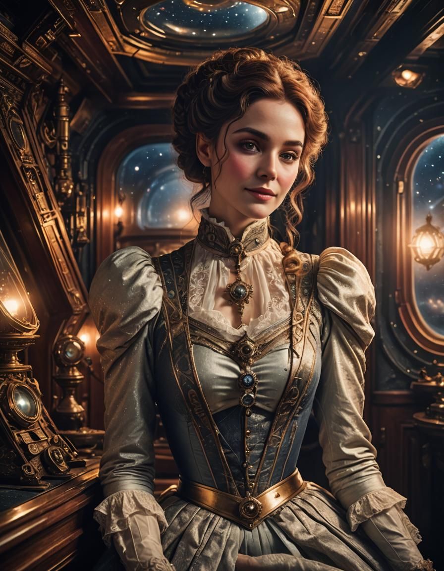A beautiful young Victorian woman on in her lavish cabin a dimly lit Victorian starship in space, shy smile full of love...
