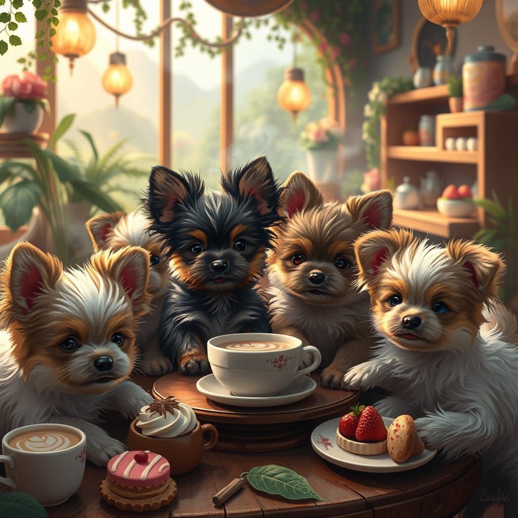 Fantasy Morkie Puppies Café Scene in Matte Painted Style