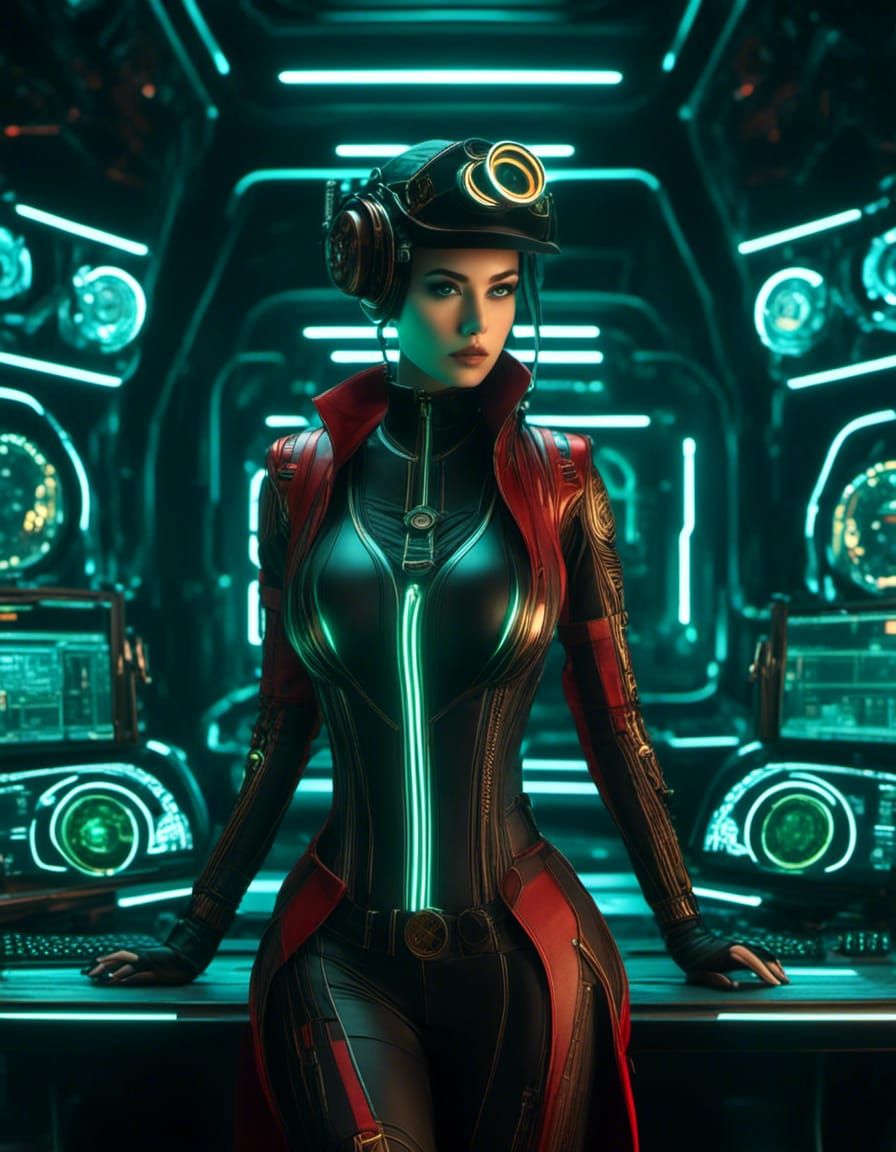 Animated 2D Female TRON style Steampunk Netrunner in black, red and green full Virtual dive gear working at a computer t...