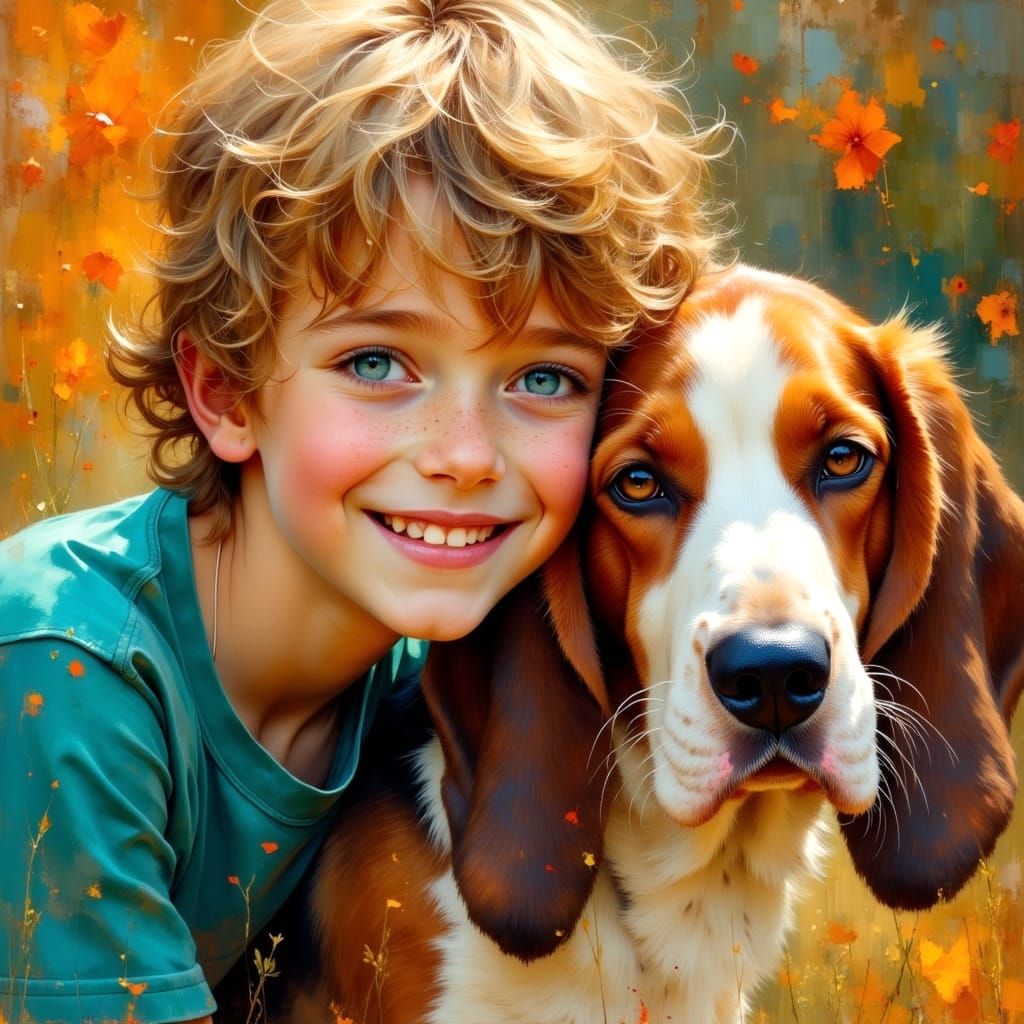 Boy Snuggling Basset Hound in Colorful Oil Painting