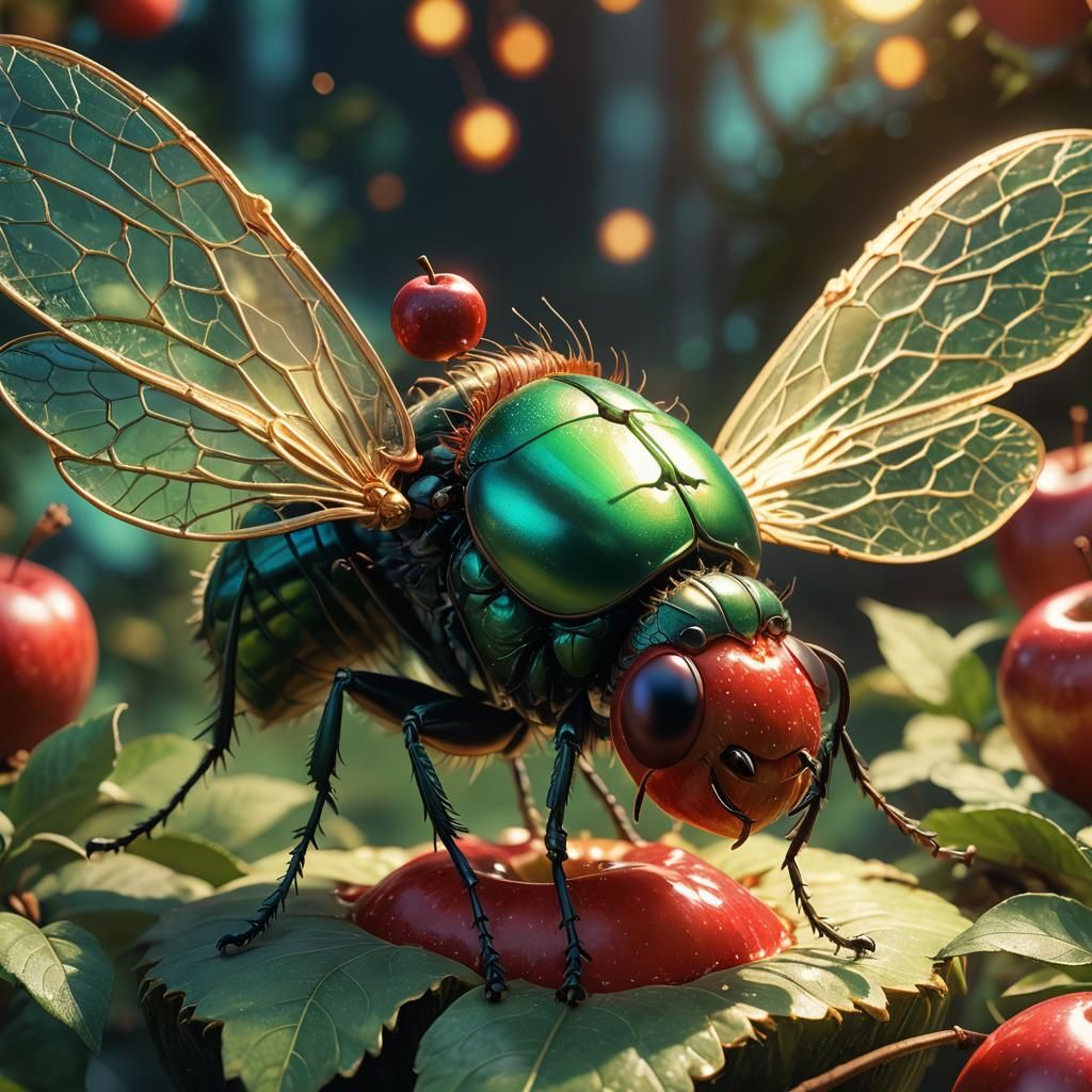 Giant Fly on Apple in Anime Art Style
