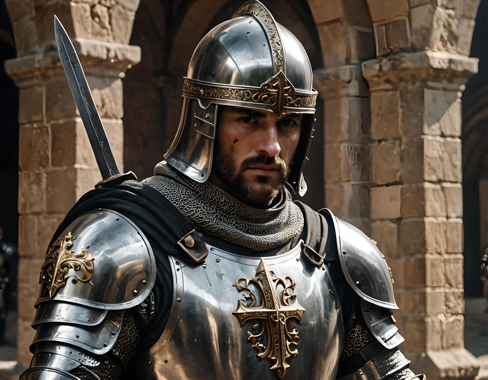 Medieval Knight with Sword in Viking Templar Style