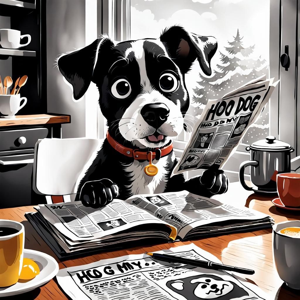 Cartoon Clues Dog Reads Newspaper in Comic Style