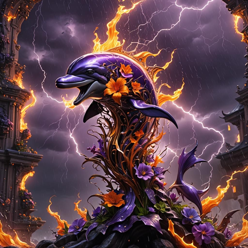 Lightning flower in a thunderstorm with rain showers, flames, purple, orange. Dolphin silver filigree, intricate details...