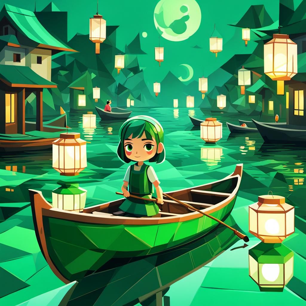 Lantern World: A Cute Cubist Scene with Girl in Boat