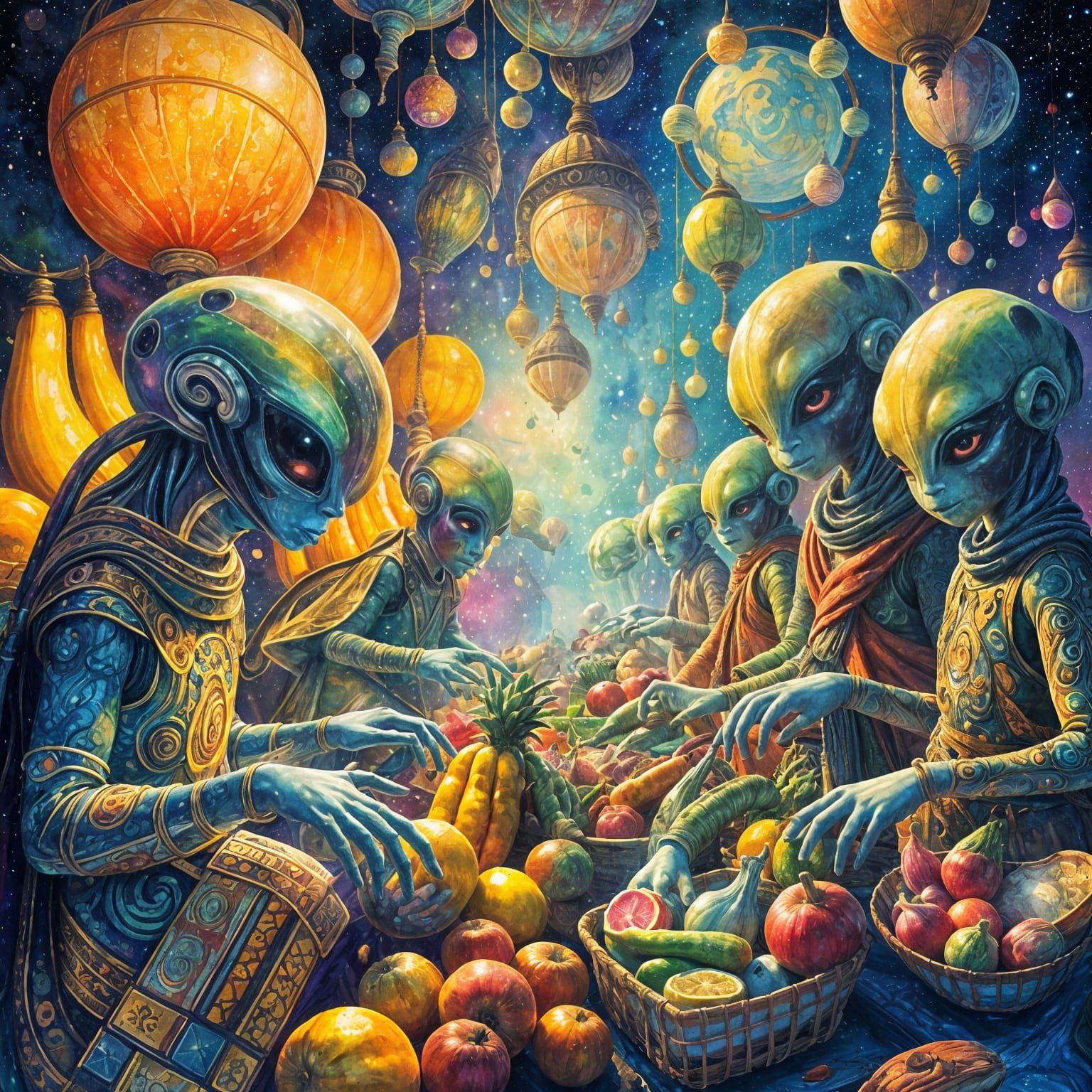 Intergalactic Market with Bioluminescent Produce as Gouache ...