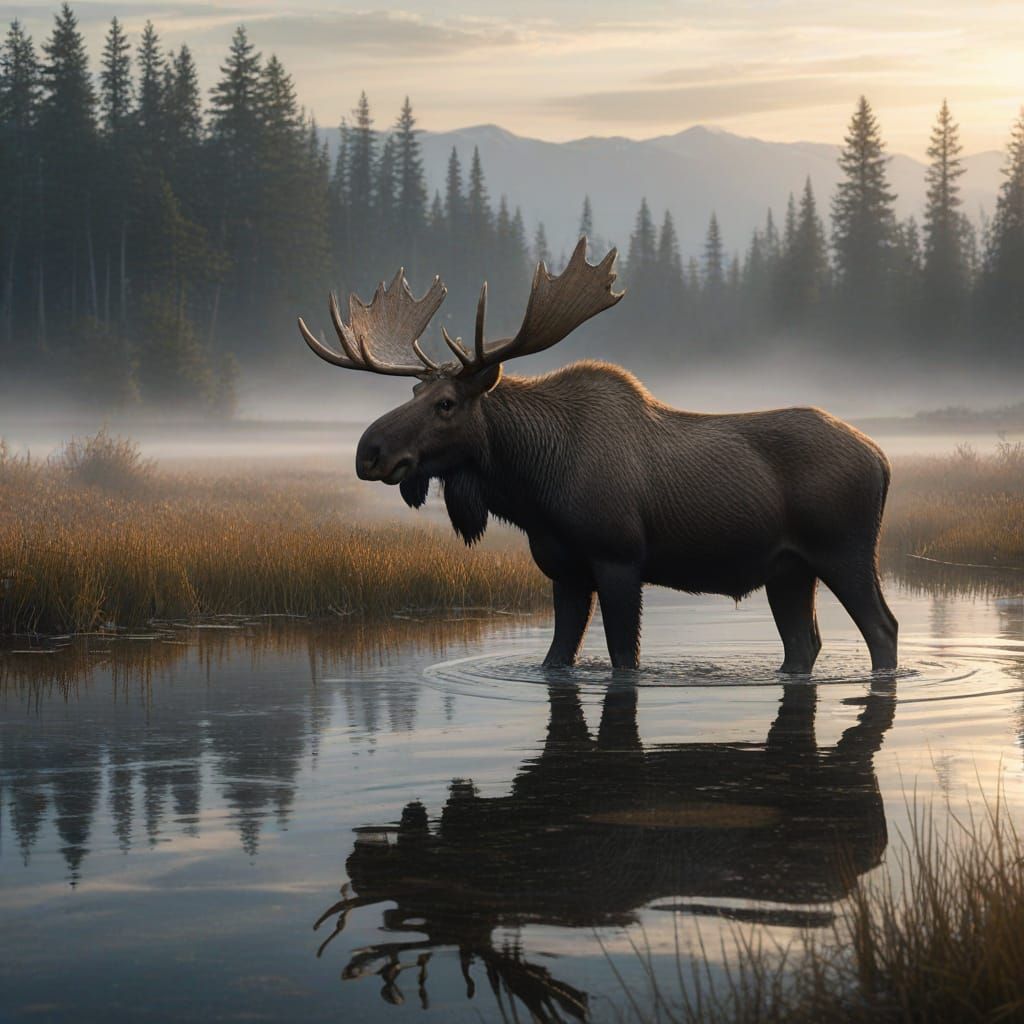 Majestic Moose in Ethereal Misty Marshes Digital Painting