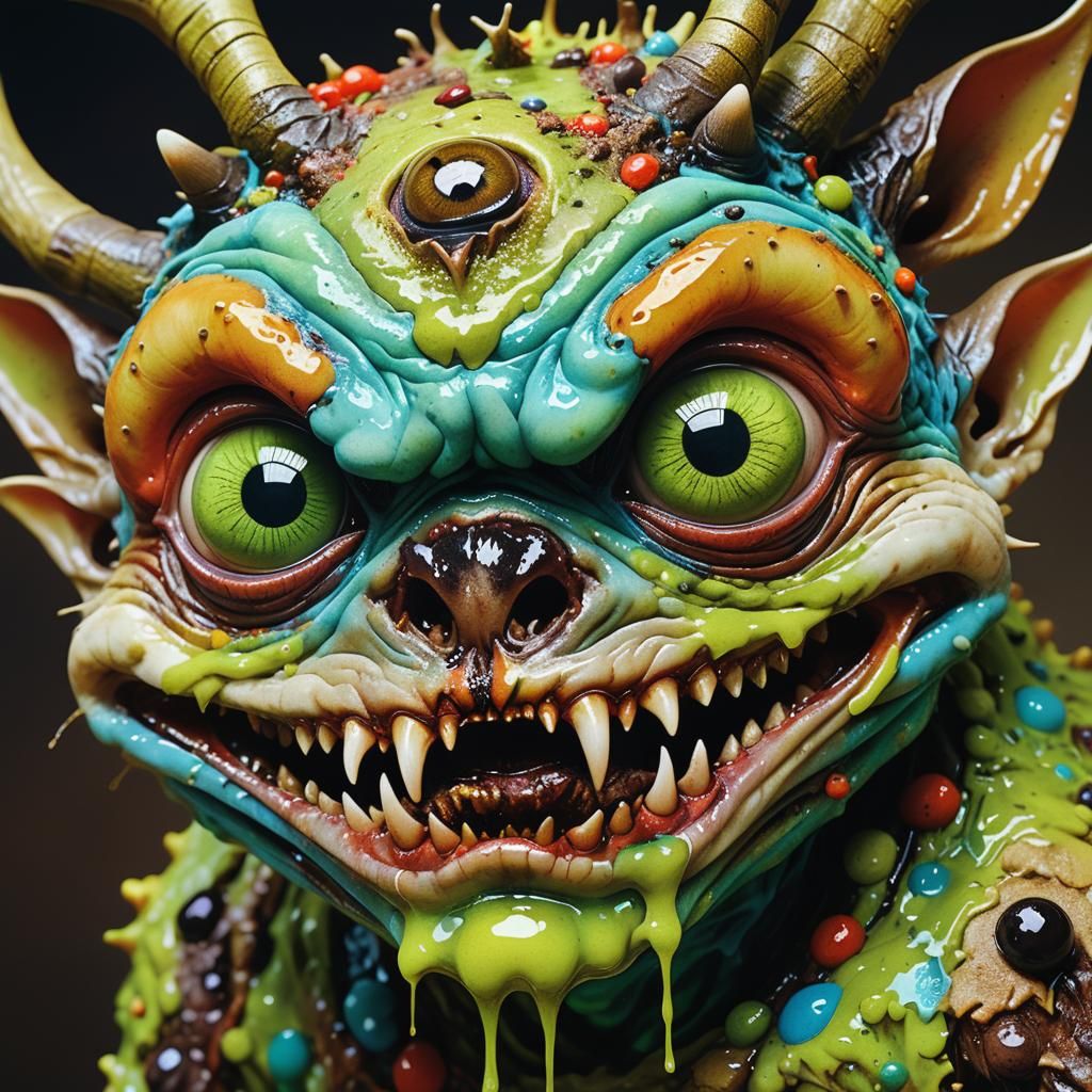 Grotesque surrealism. Close-up. Terrible ugly Gremlin with eyes, huge teeth, wet deer eyes, slime. Macro photography. Hi...