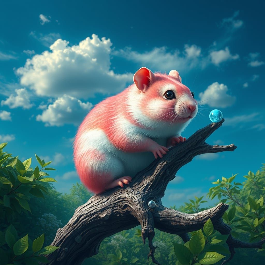 Whimsical Watermelon Hamster in a Dreamlike Landscape