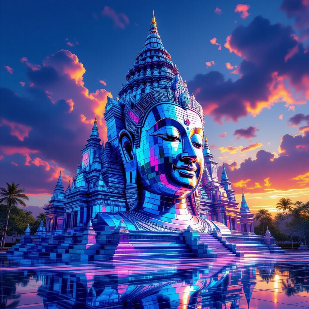 Colossal Glass Temple Bathed in Vibrant Light