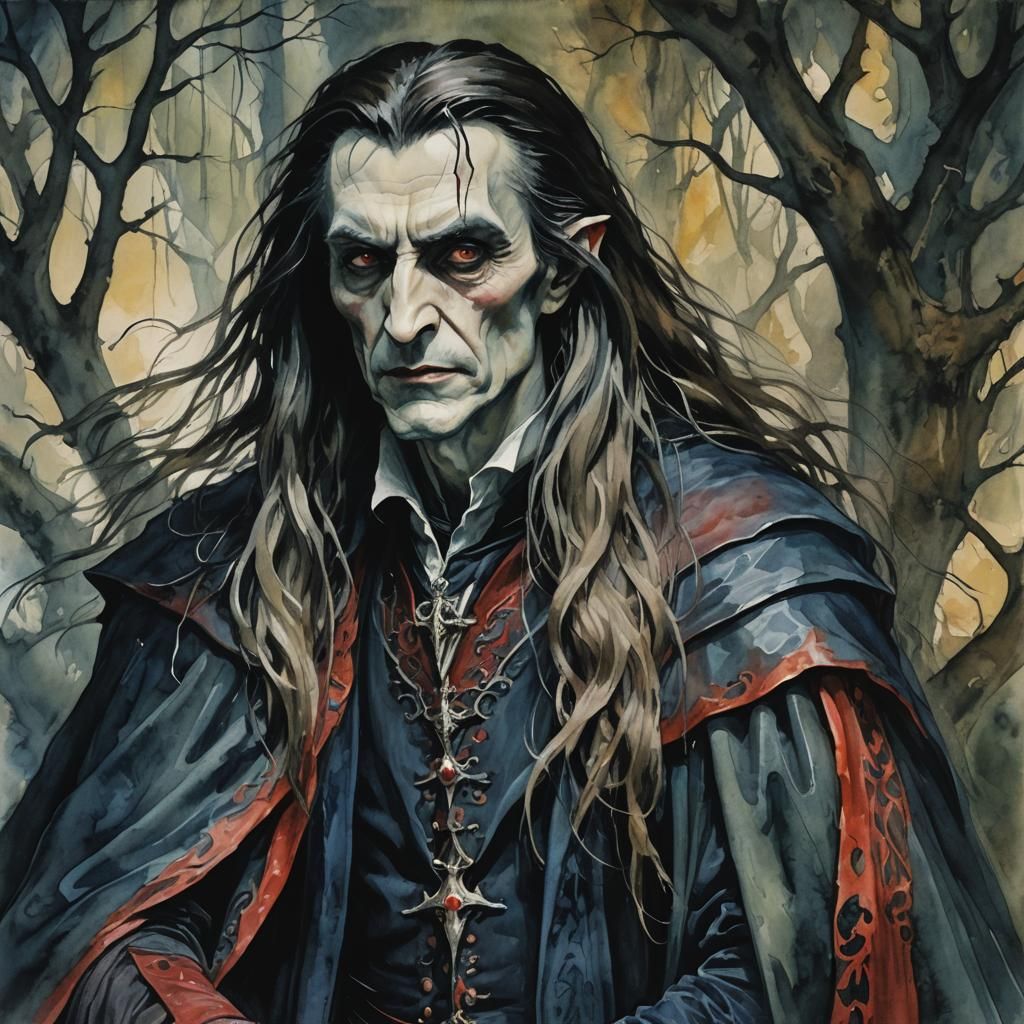Dracula with Long Hair in Gouache Style