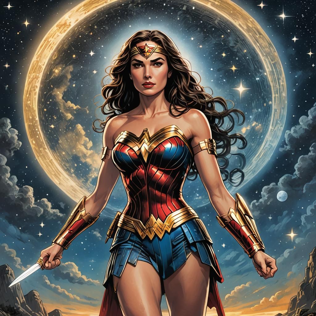 Wonder Woman Comic Book Illustration in Heroic Pose