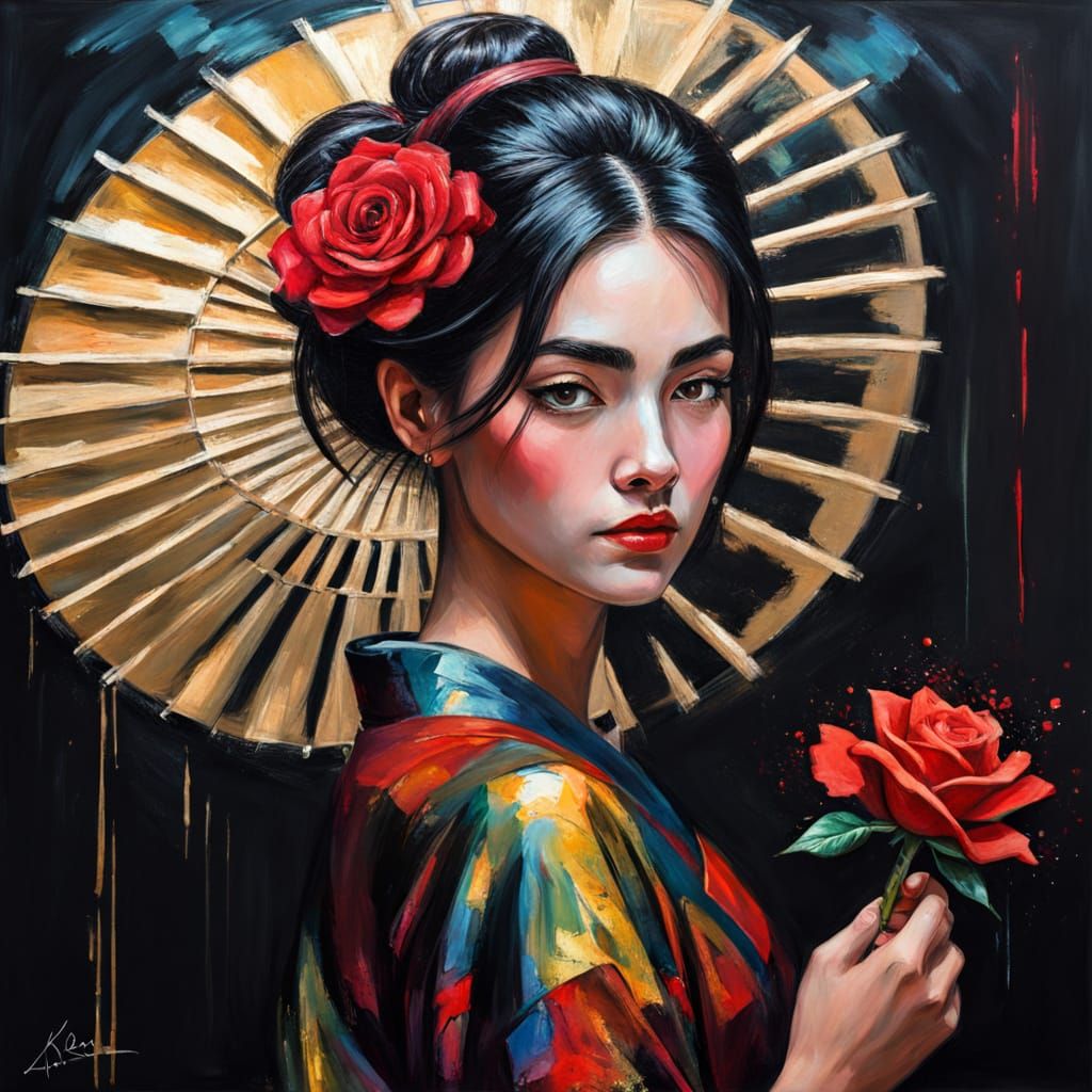 Passionate Woman with Fan: Impressionistic Acrylic Portrait