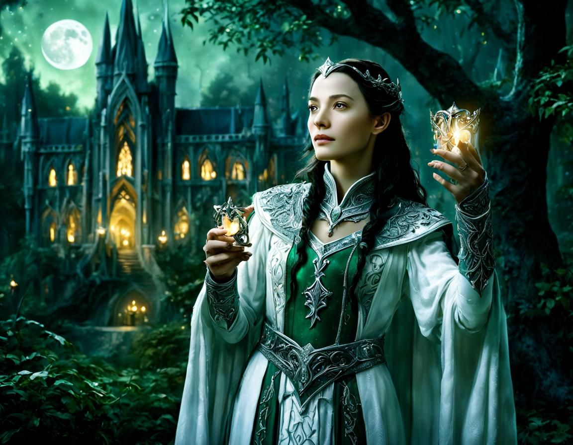 Romantic Elven Scene with Jewel in Enchanted Forest