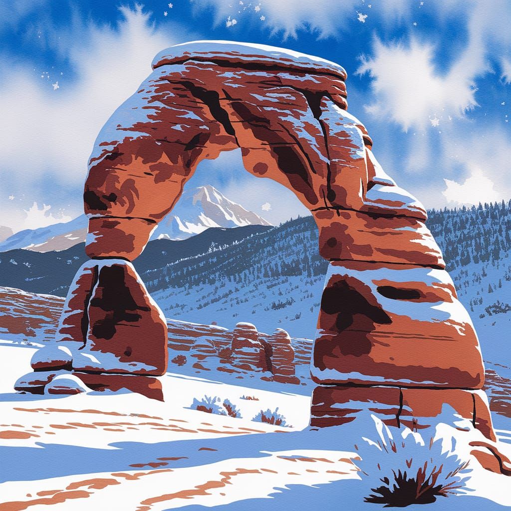Snowy Desert Arch: Vivid Watercolor Impressionism