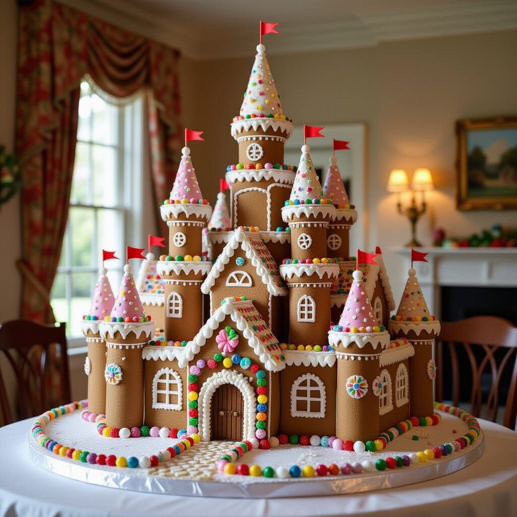 Elaborate Gingerbread Castle Adorned with Candies