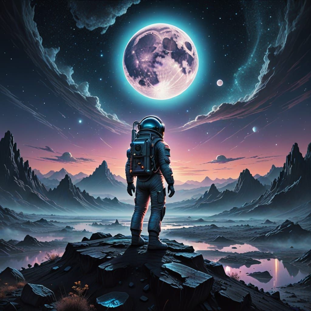 Astronaut on Alien Planet Under Giant Moon