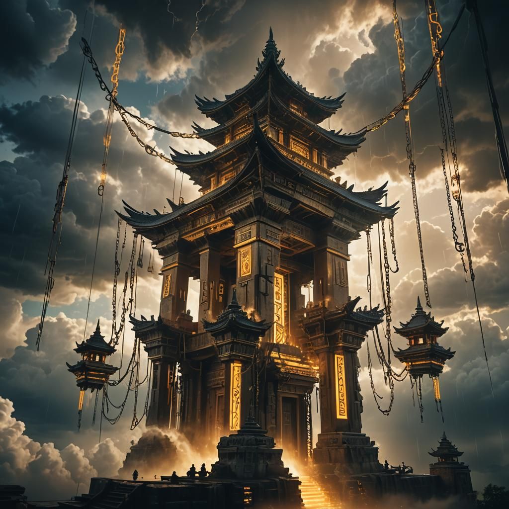 Majestic Sky Temple in Stormy Cinematic Scene