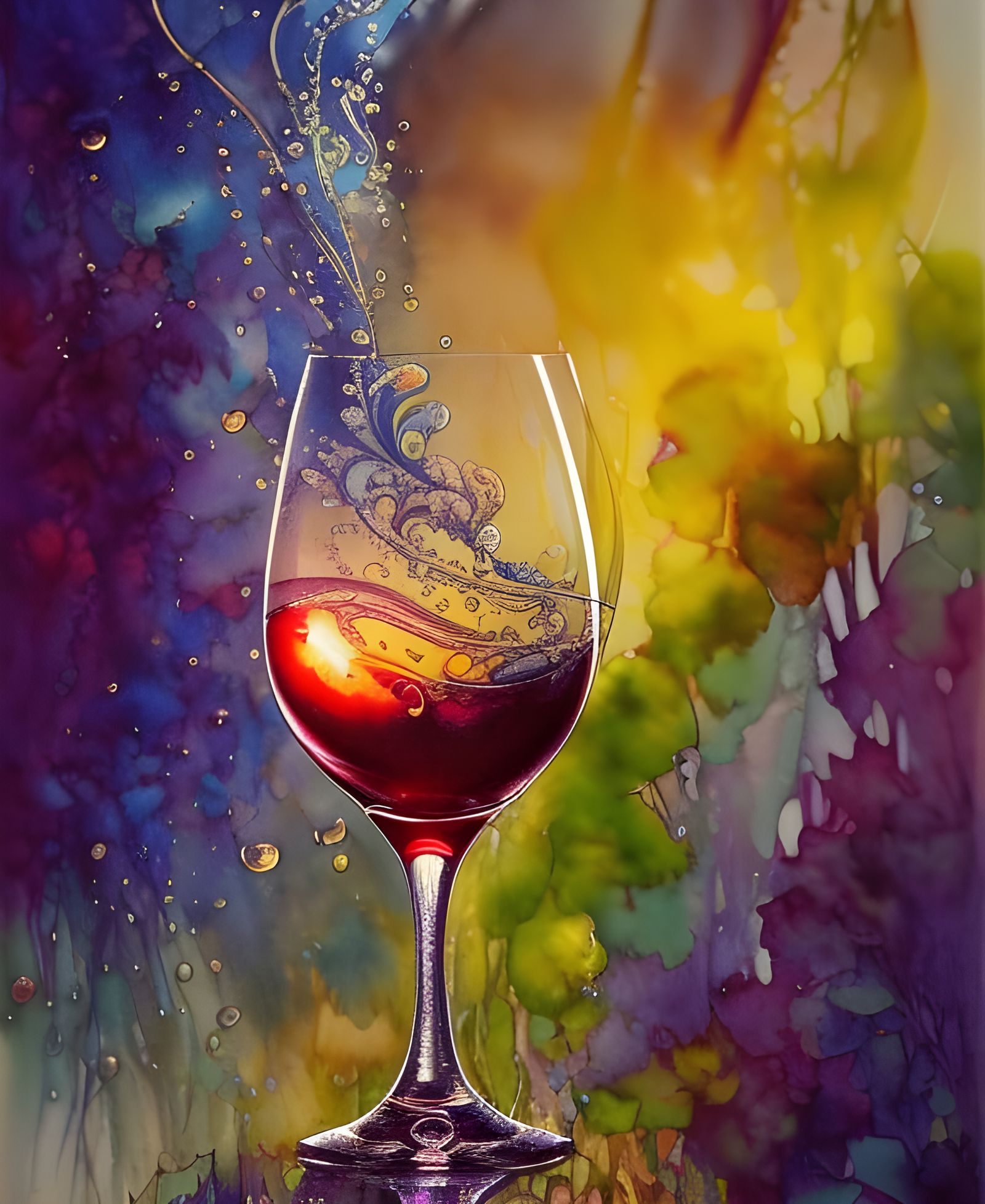 Ornate Wine Glass in Watercolor at Sunset