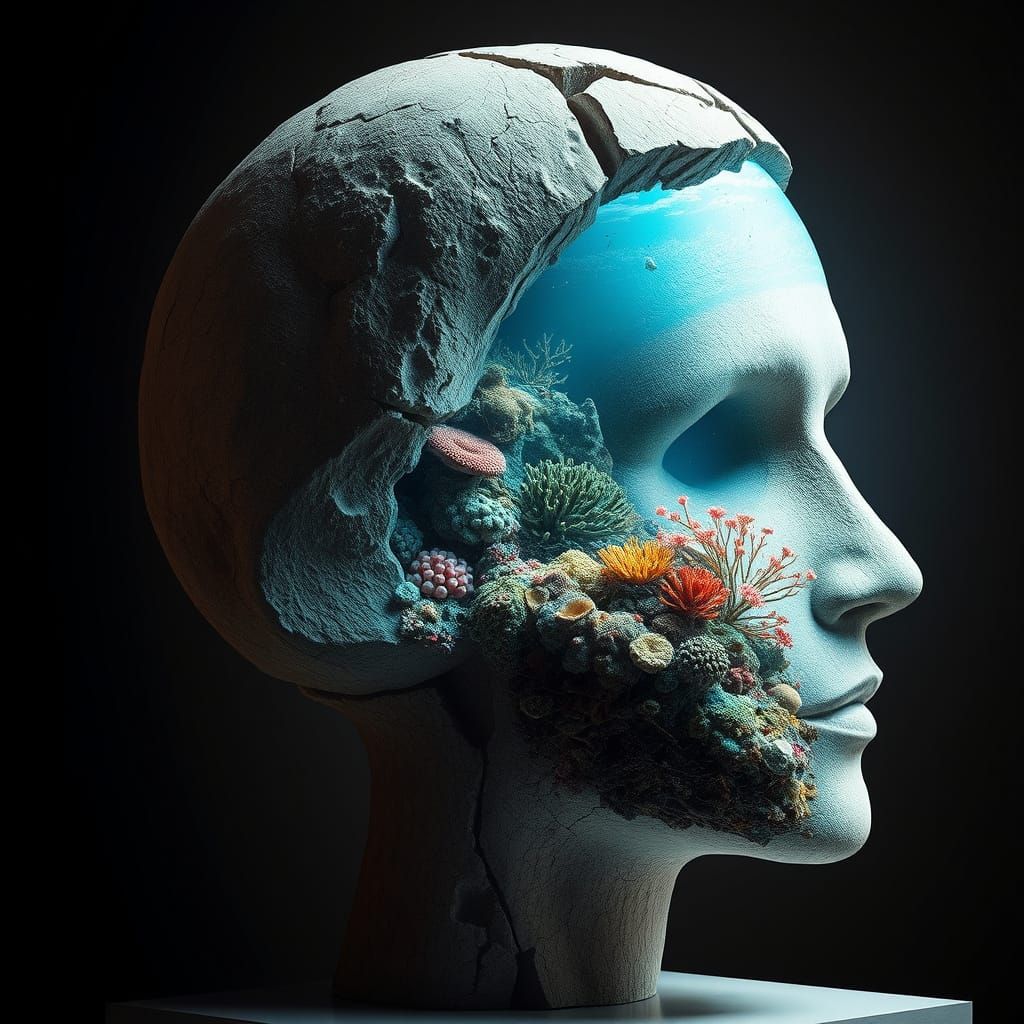Fractured Head Sculpture with Coral Reef in Double Exposure